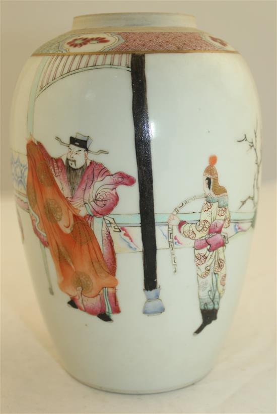 A Chinese famille rose ovoid jar, Qianlong four character mark, late 19th century, 19cm
